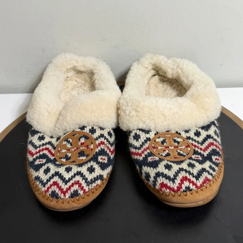 Tory Burch Shearling Slippers Women US 8 Fair Isle Knit Cozy House Shoes Indoors